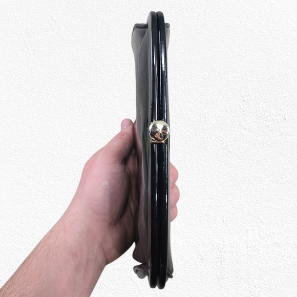 Vintage 50s Black Patent Vinyl Chain Evening Bag Kiss Lock Mid Century Purse - Picture 8 of 9